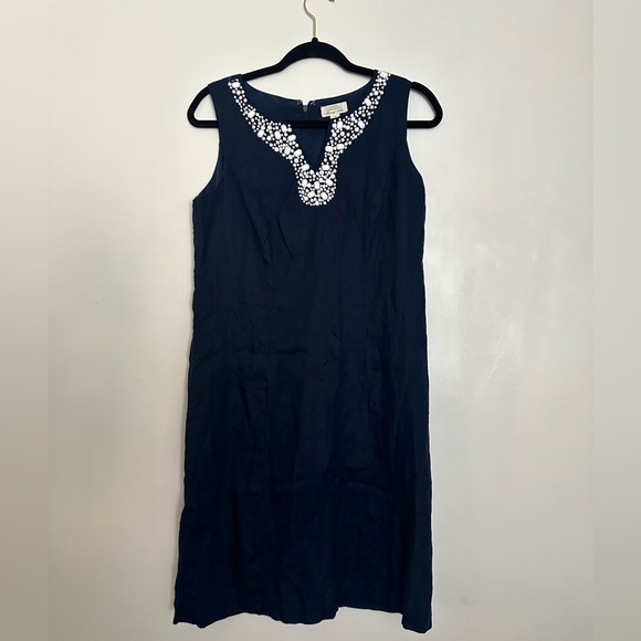 Charter Club Dresses & Skirts - Charter Club Petite 100% Linen Sheath Dress Navy Beaded Trim Lined Sleeveless